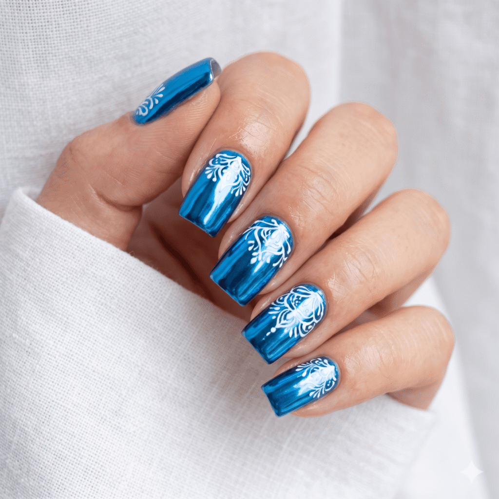 Blue Chrome Nails With White Details