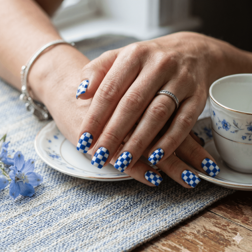 Checkerboard Blue and White Nails