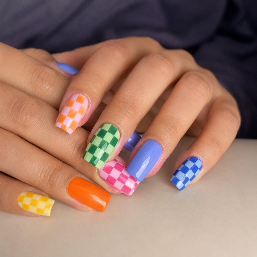 Colorful Checkerboard Nails