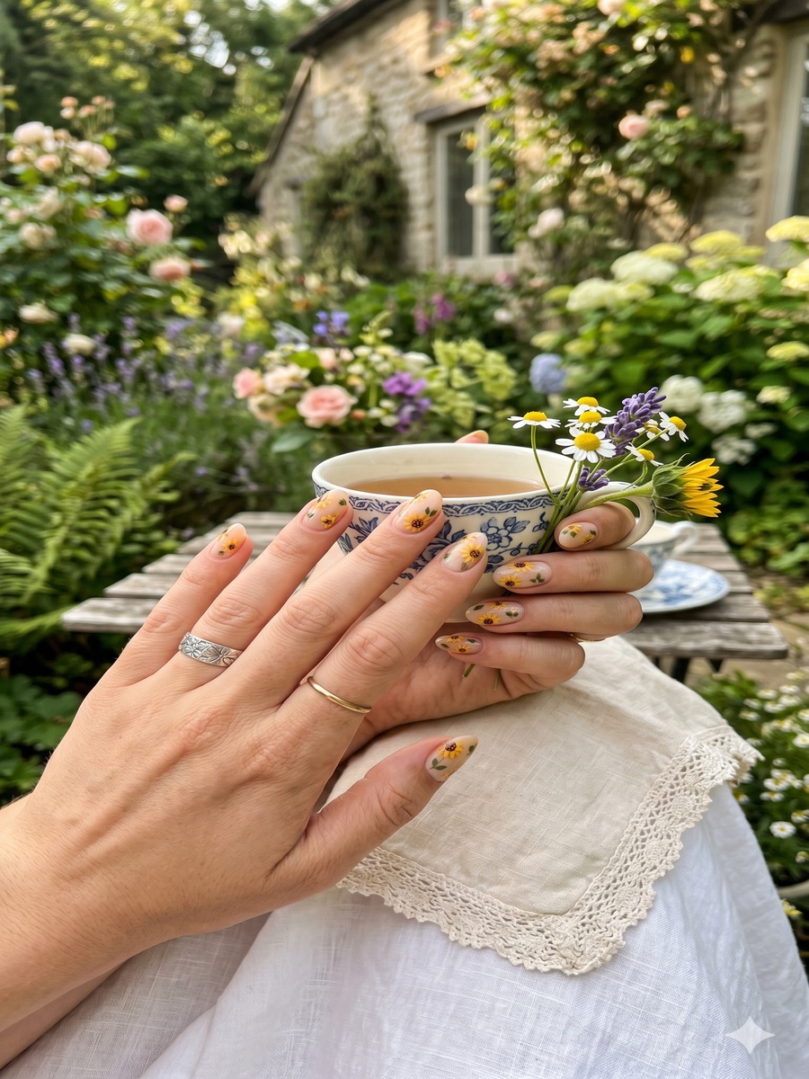 Cottagecore Sunflower Nails