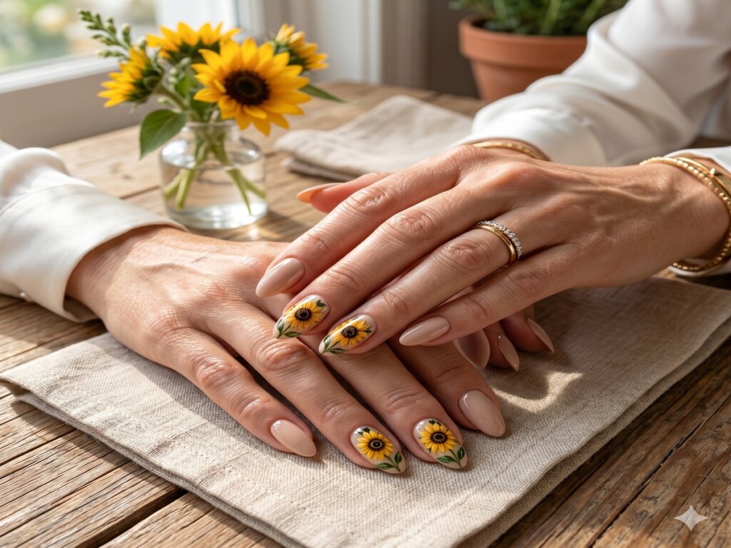 Nude Sunflower Nails for an Elegant Look