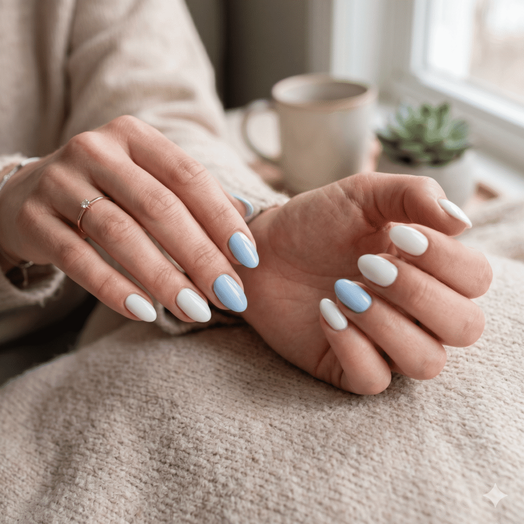 Milky White and Baby Blue Nails