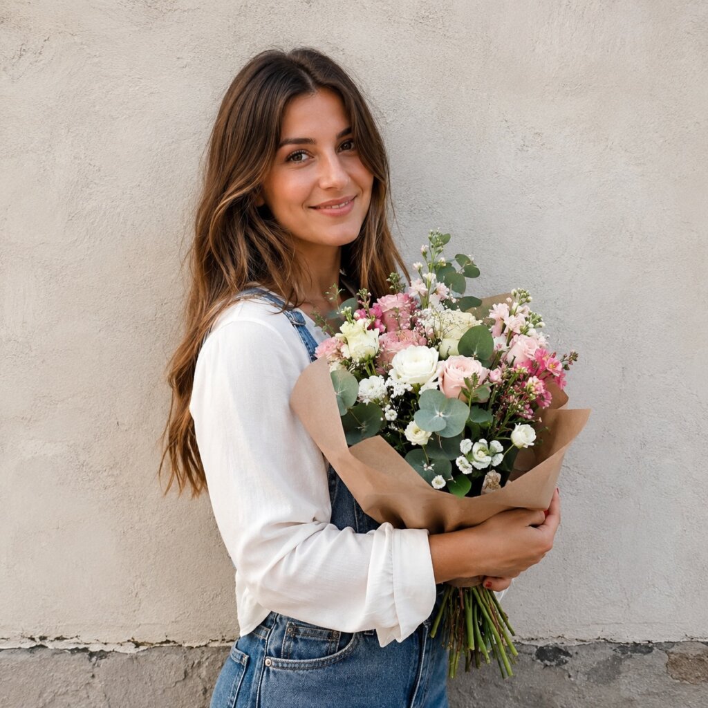 Pose With a Bouquet Against a Wall