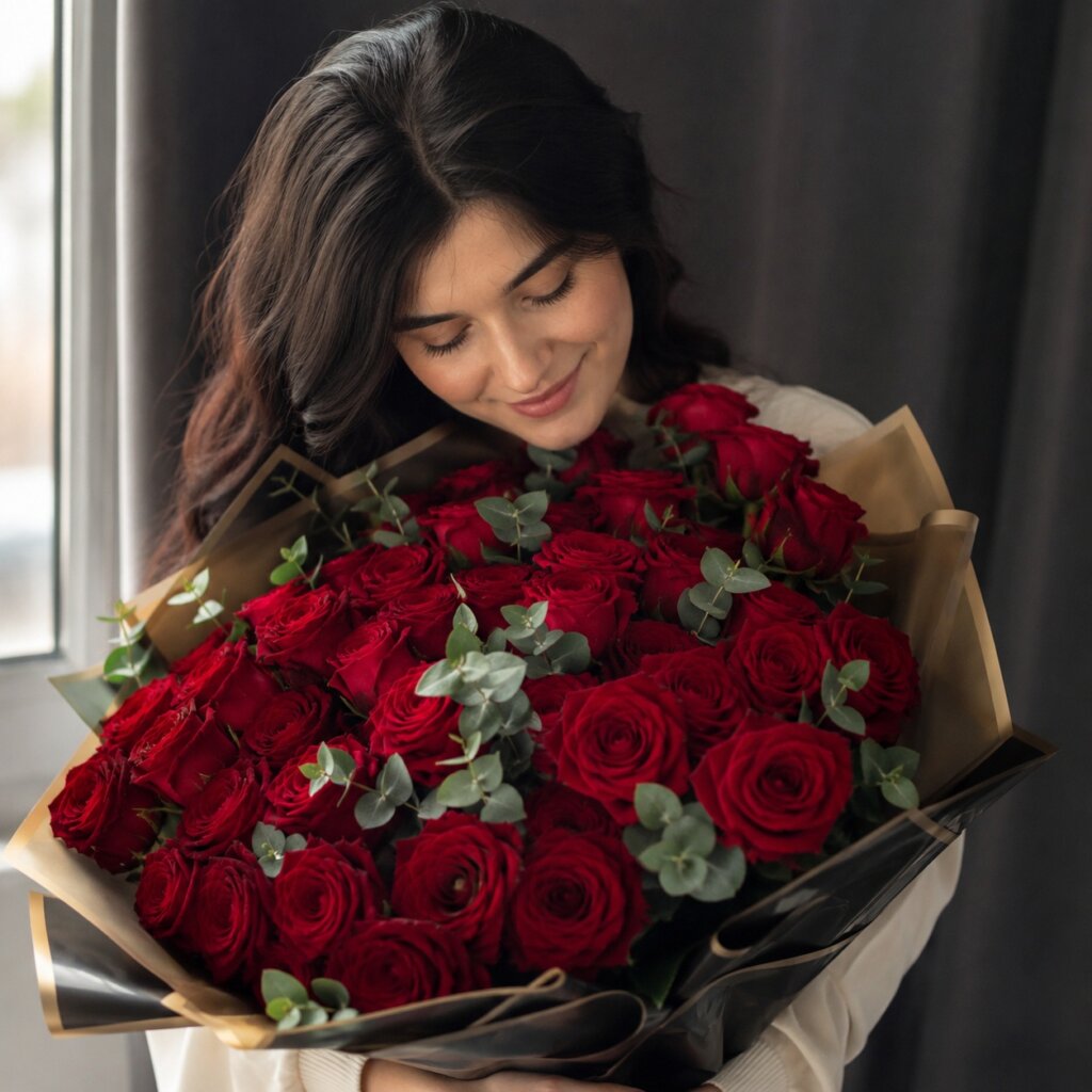 Pose With a Large Rose Bouquet
