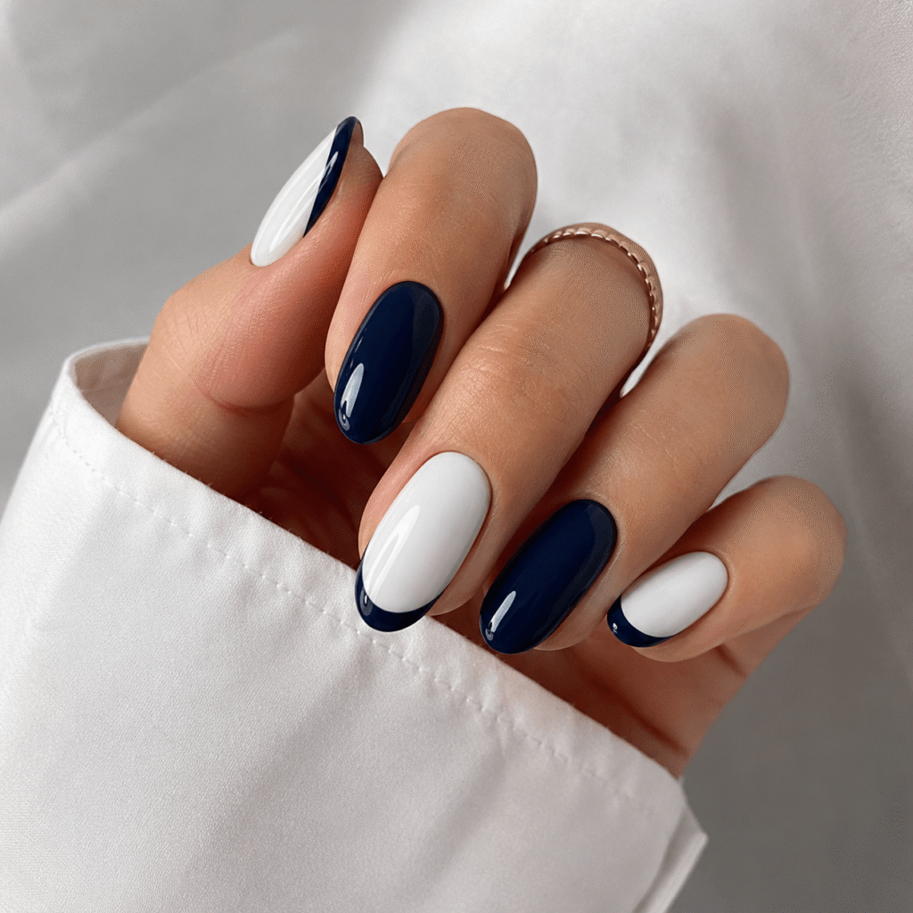 Royal Navy and White Contrast Nails
