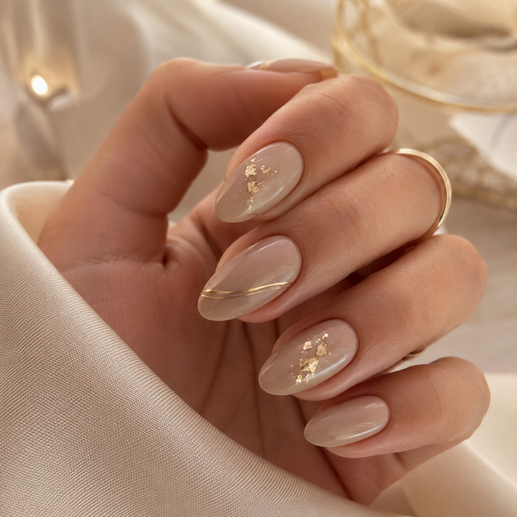 Beige Nails With Gold Details