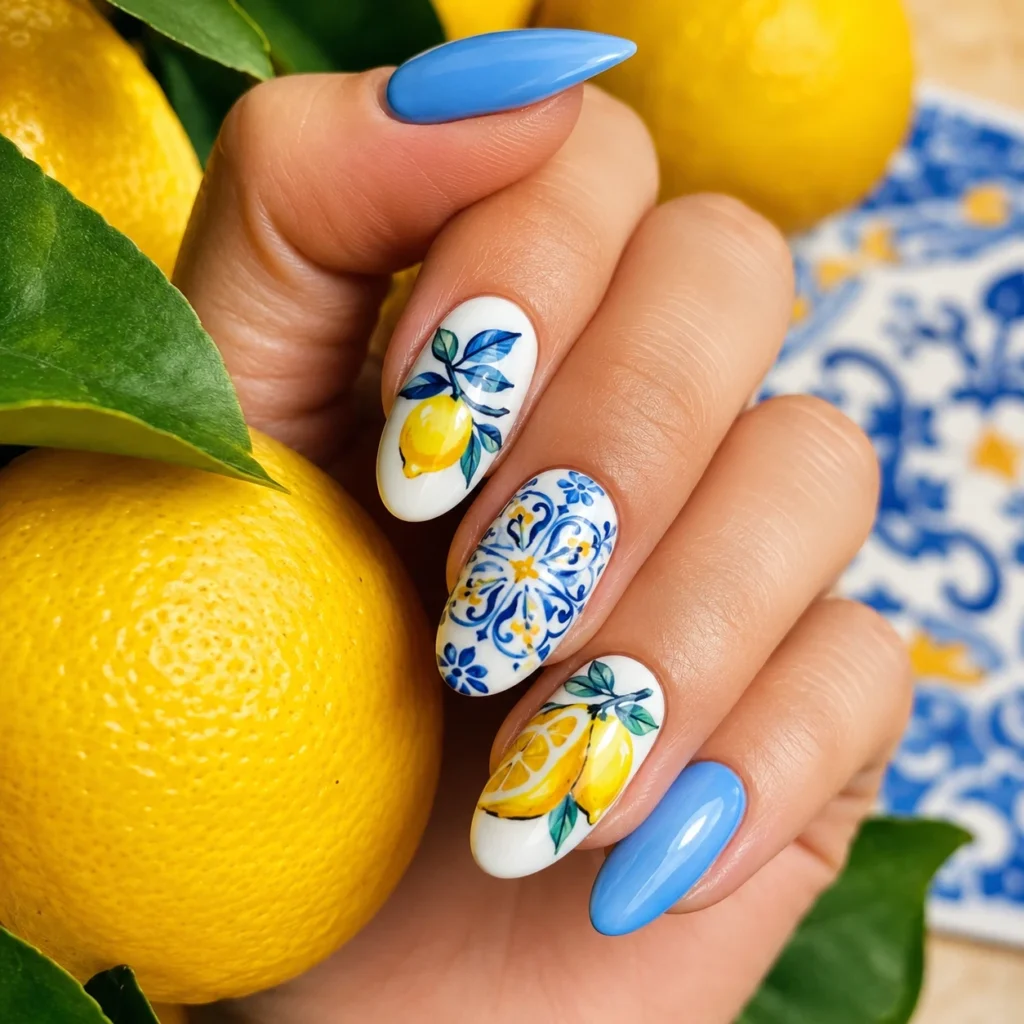 Blue and Lemon Nails