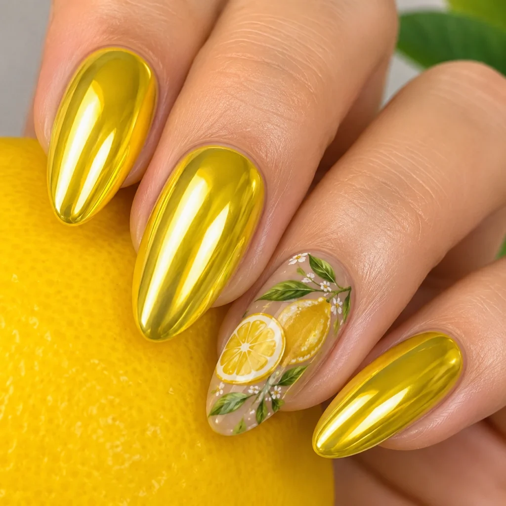Lemon Chrome Nails