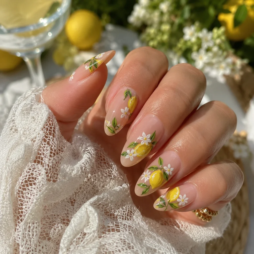 Lemon Nails with Floral Accents