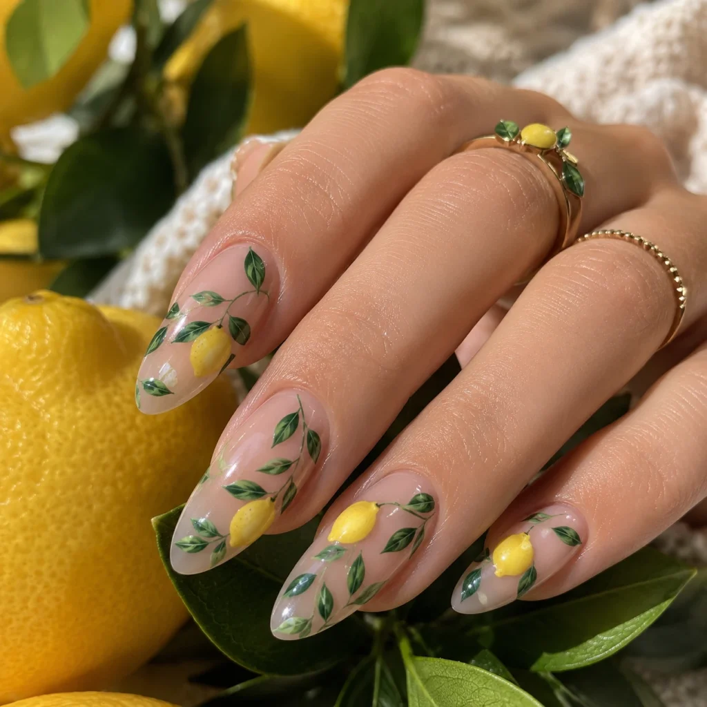 Lemon Nails with Green Leaves