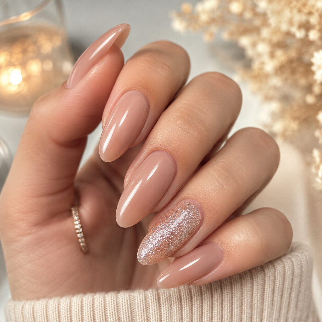 Nude Nails With Glitter Accent