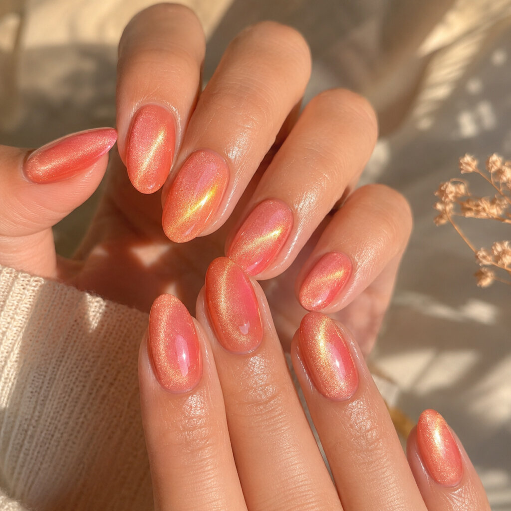 Peach and Coral Cat Eye Nails