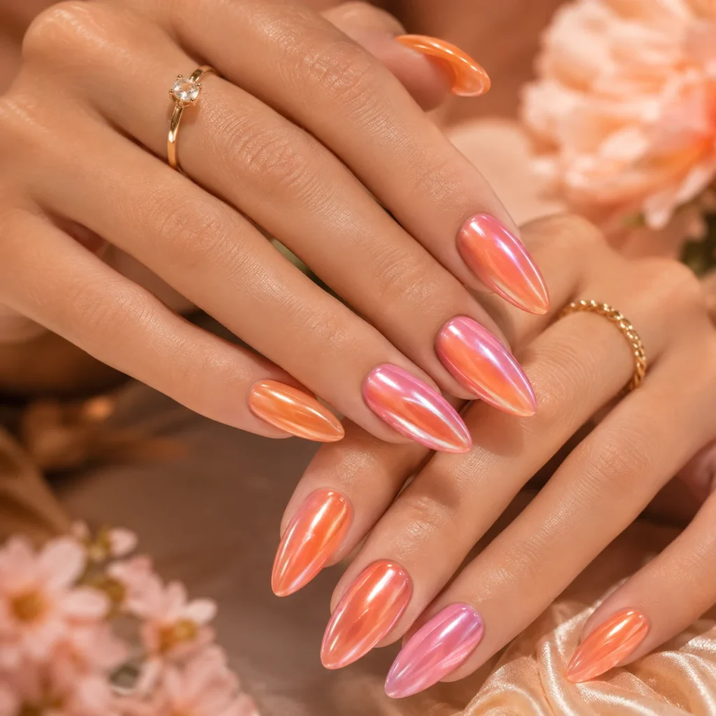 Pink and Orange Chrome Nails