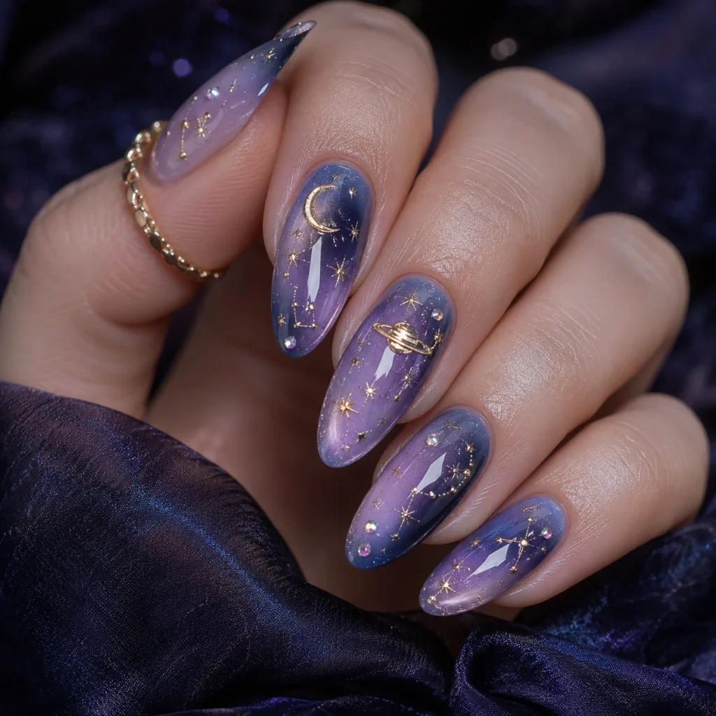 Celestial Moon and Galaxy Nails