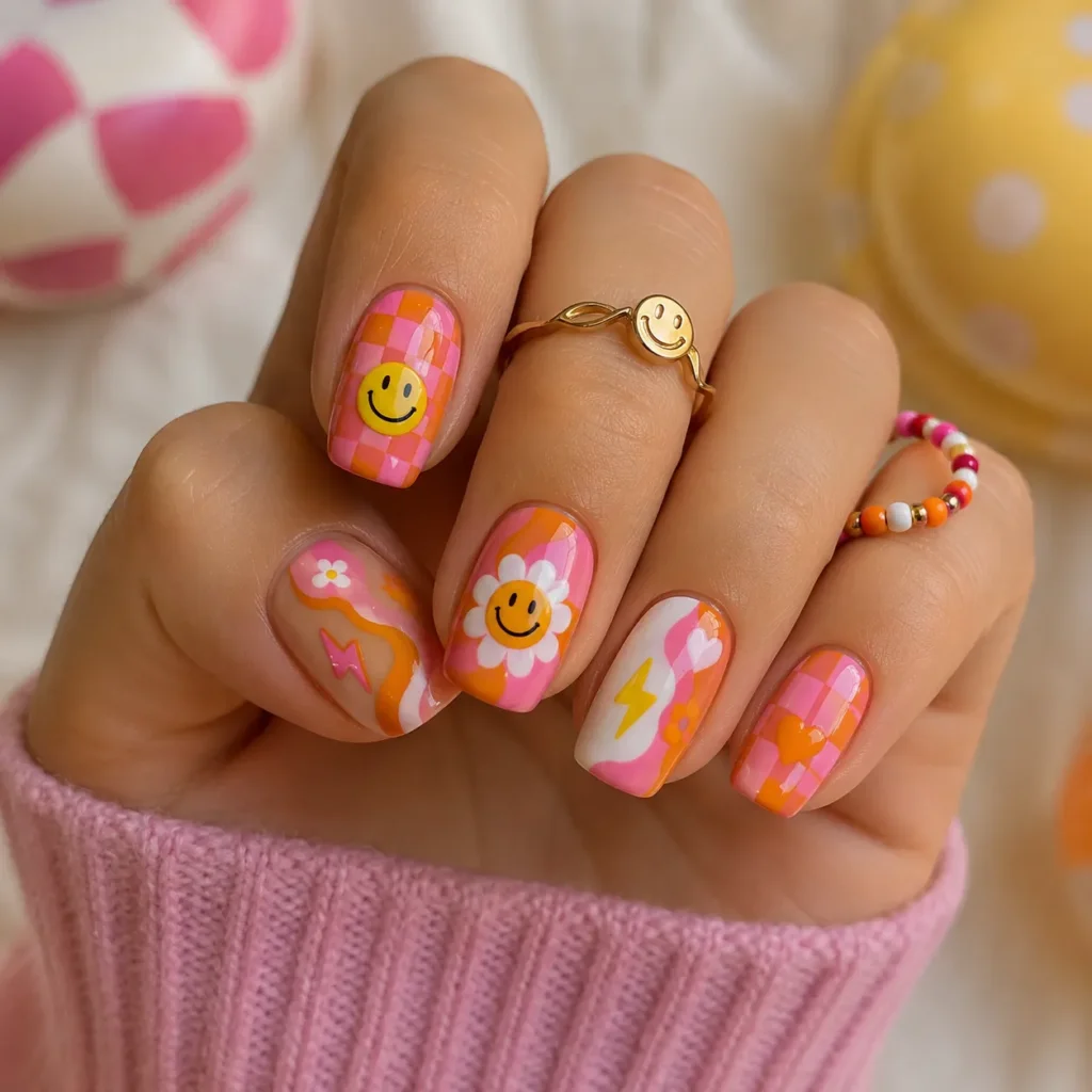 Checkerboard and Smiley Nails