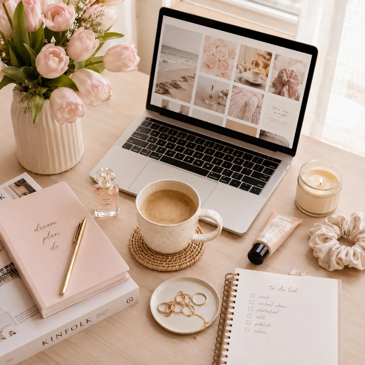 Cozy feminine workspace with pastel tones Cozy feminine workspace with pastel tones