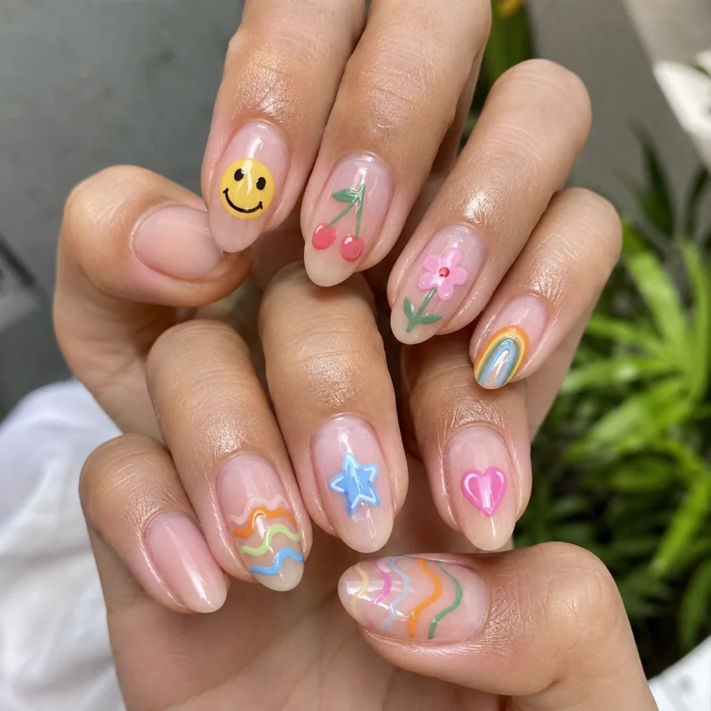Mismatched Doodle Nails
