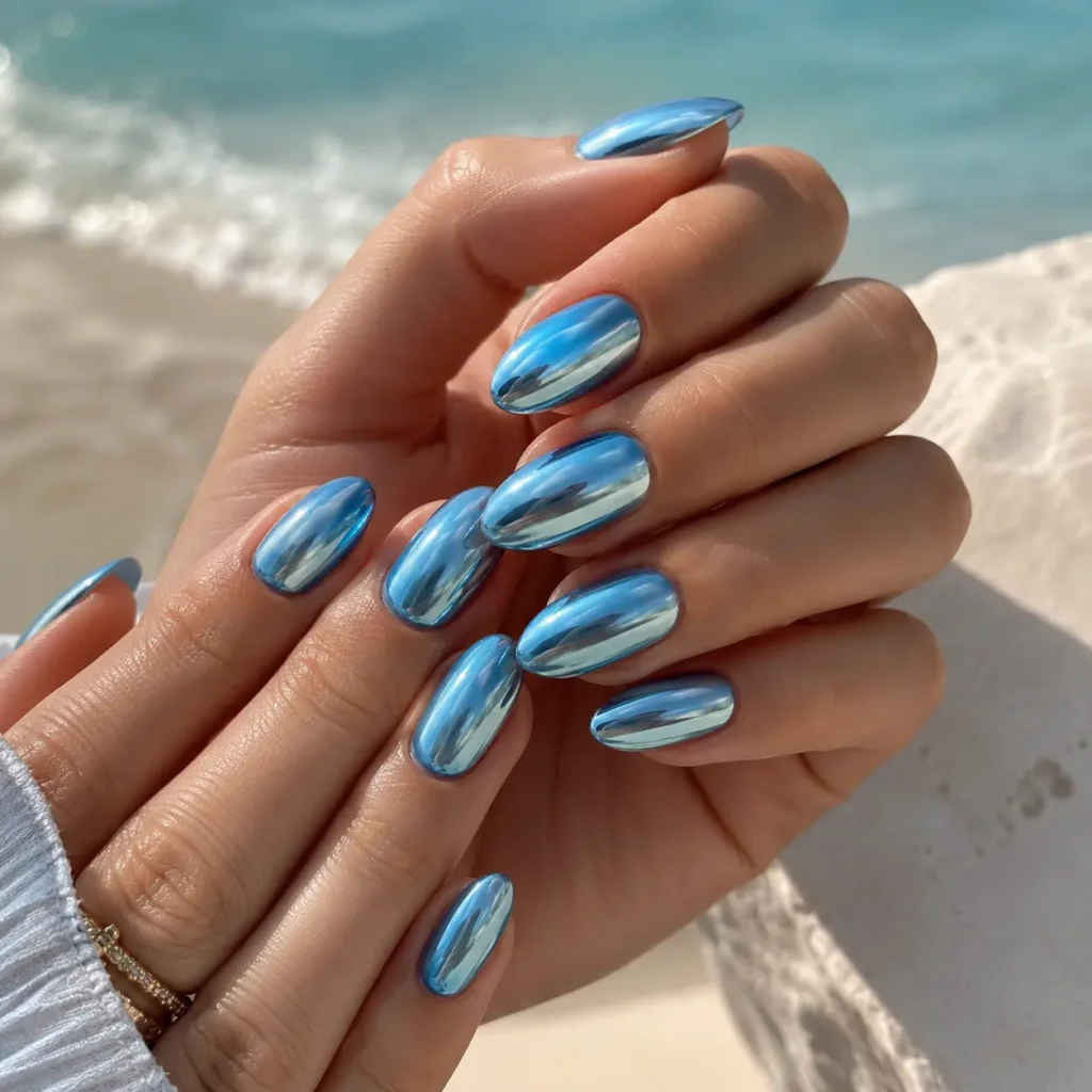 Ocean Blue Chrome Nails
