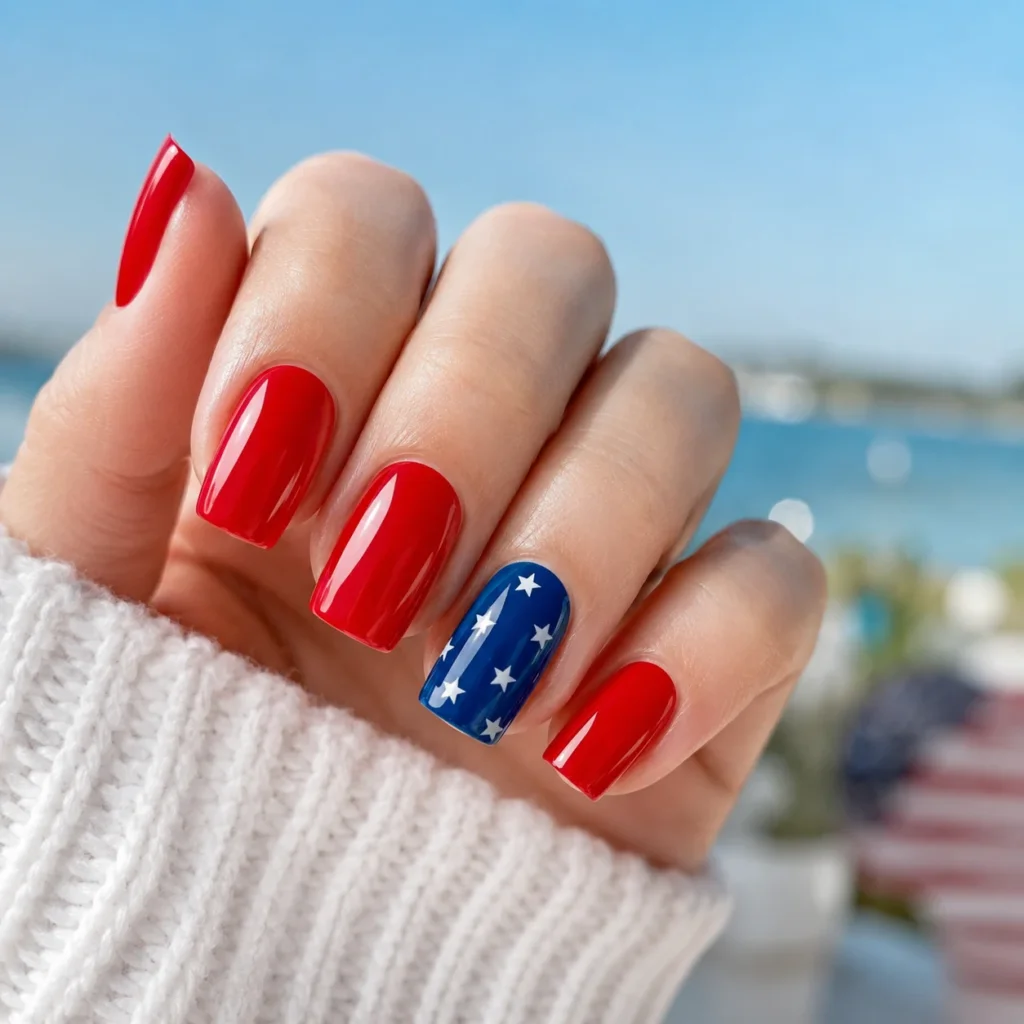 Red Nails with Blue Accent Art