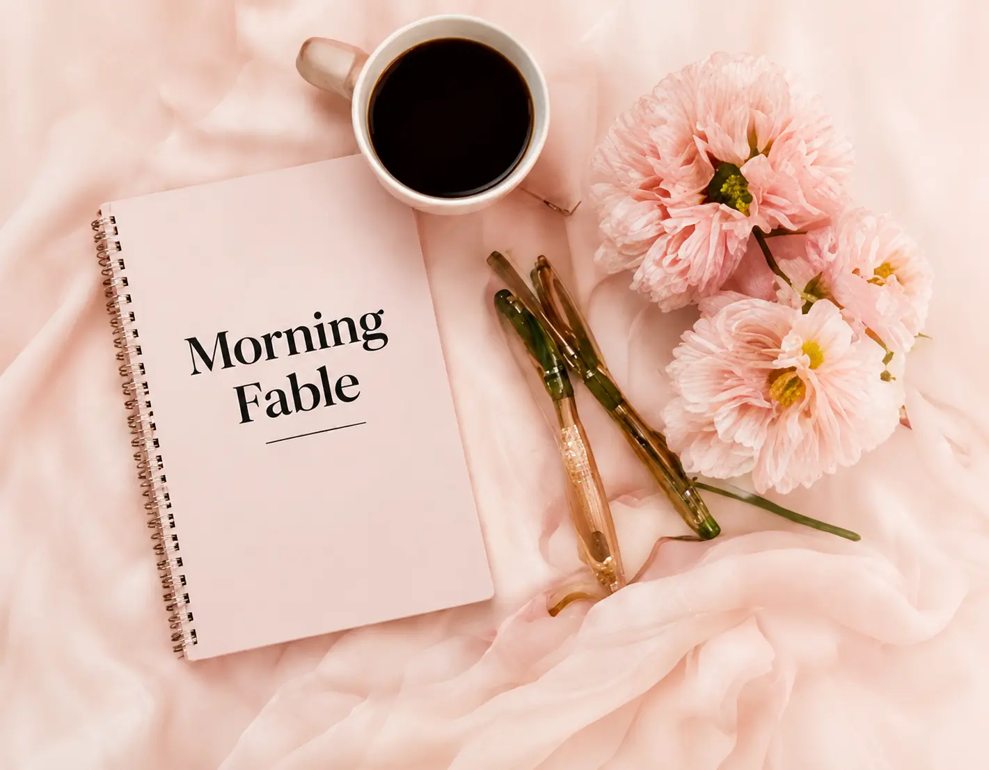 Serene morning flatlay with blooms