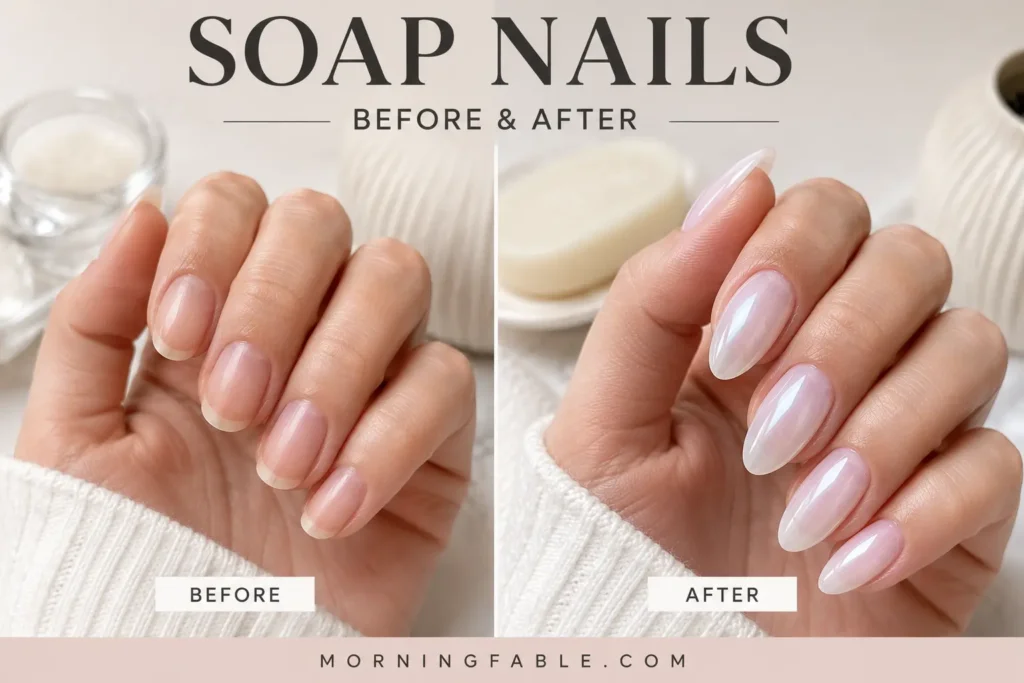 Before and after comparison of natural nails and glossy soap nails manicure