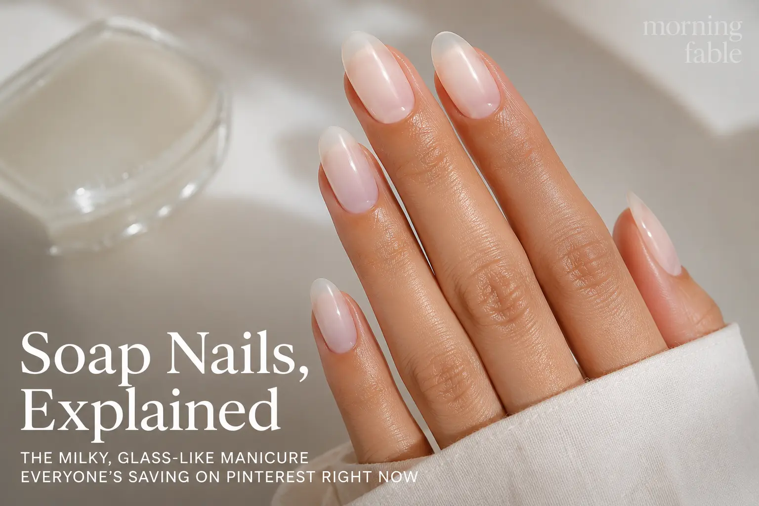 Glossy milky soap nails with a glass-like finish on almond-shaped nails