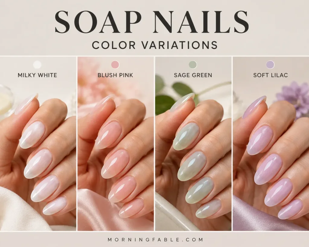 Soap nails color variations including milky white, blush pink, sage green, and soft lilac
