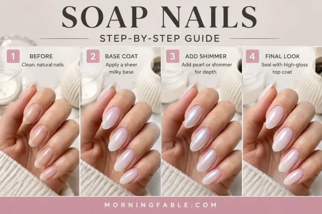 Step-by-step guide showing how to create glossy soap nails at home