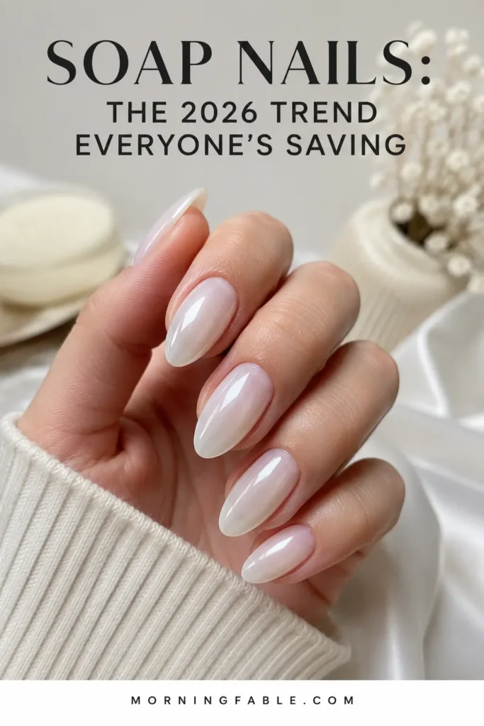 Soap nails trend 2026 featuring glossy milky almond-shaped nails