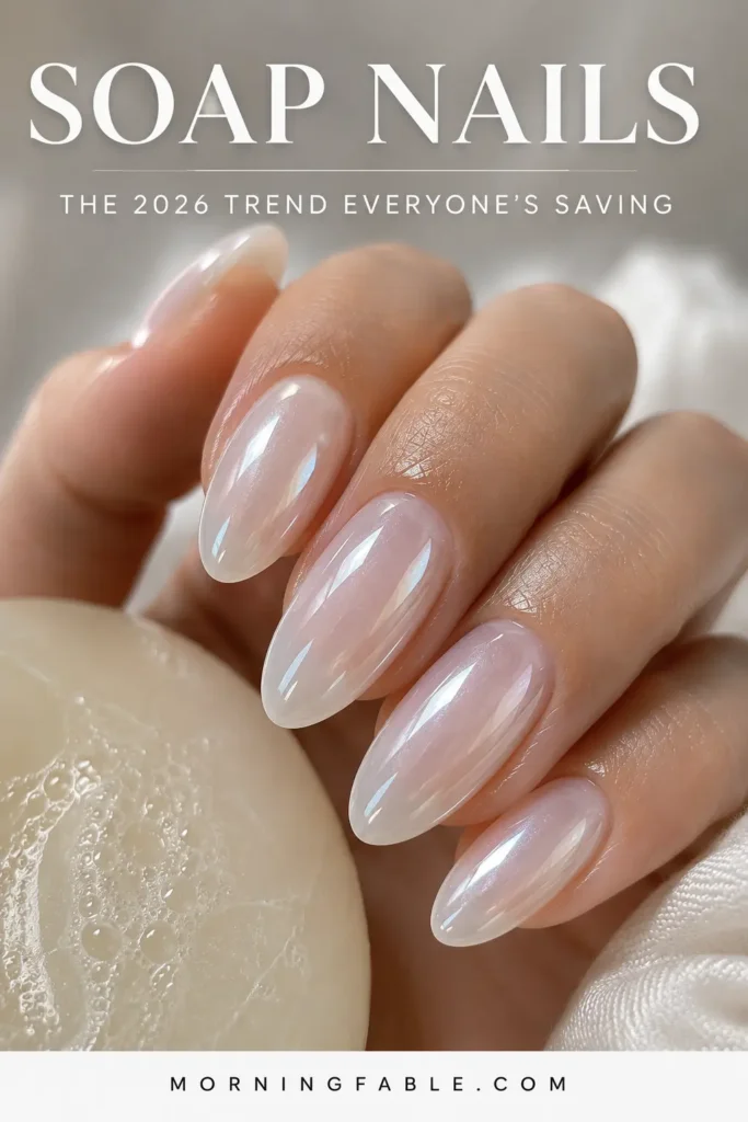 Close-up of glossy soap nails with a glass-like milky finish