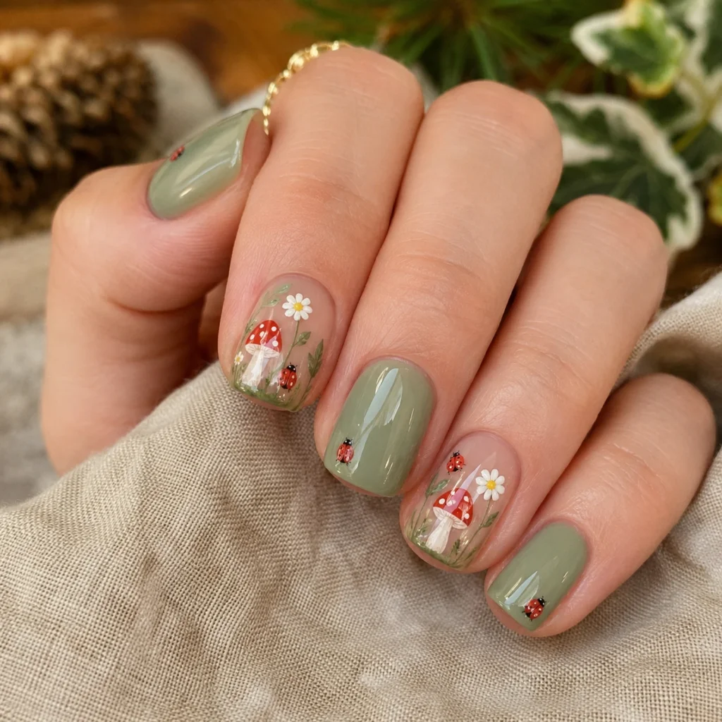 Tiny Mushroom Meadow Nails