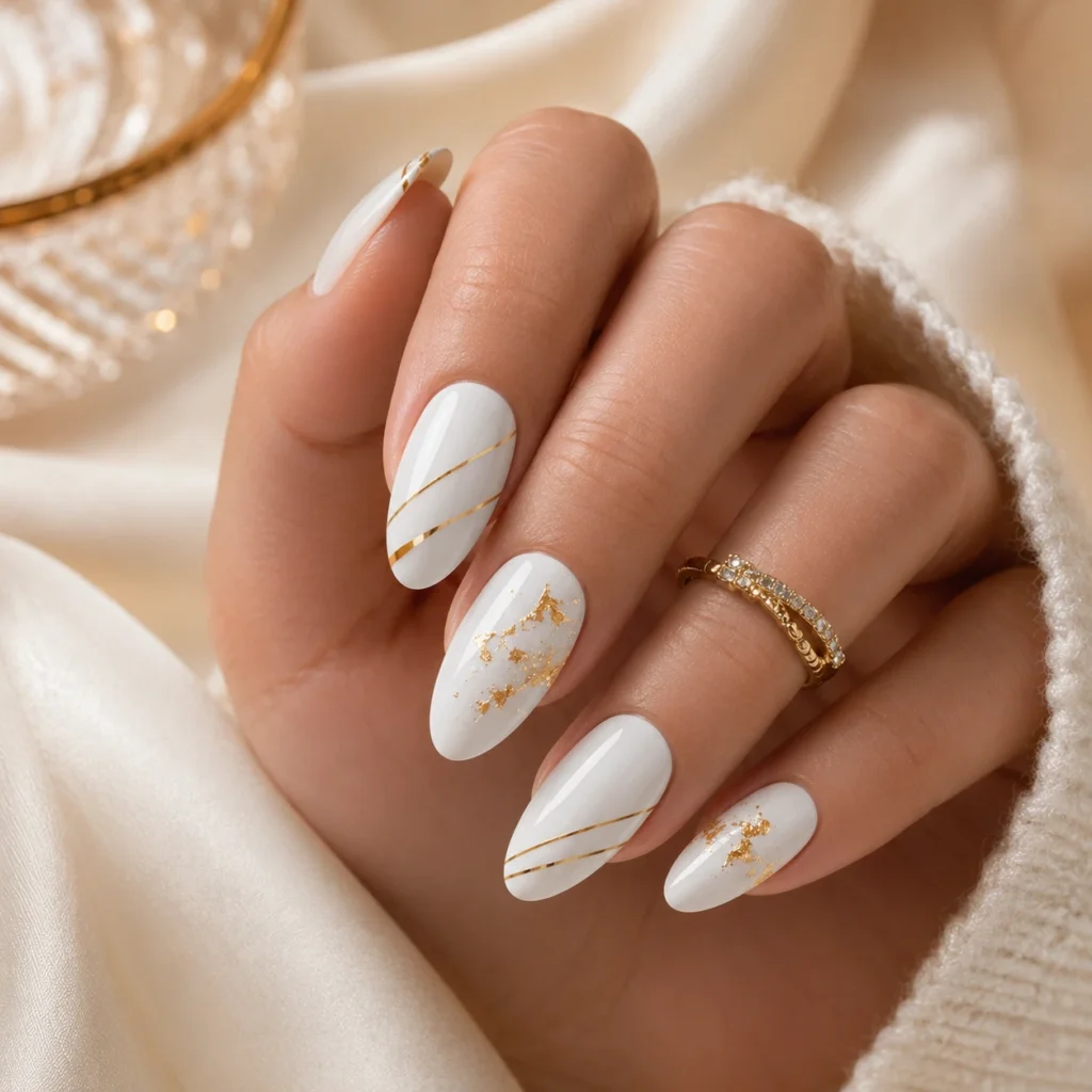 White Nails with Gold Accents