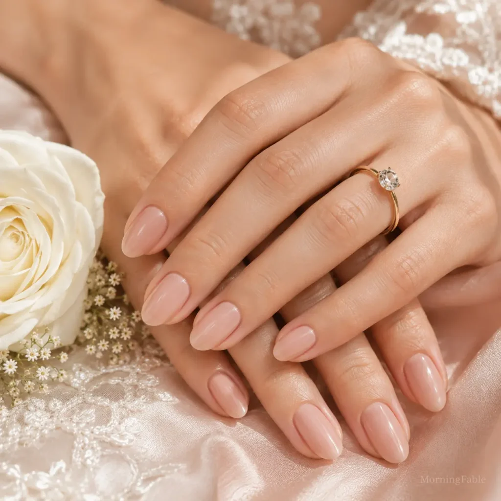 Elegant blush nude wedding nails with soft pink and peach undertones
