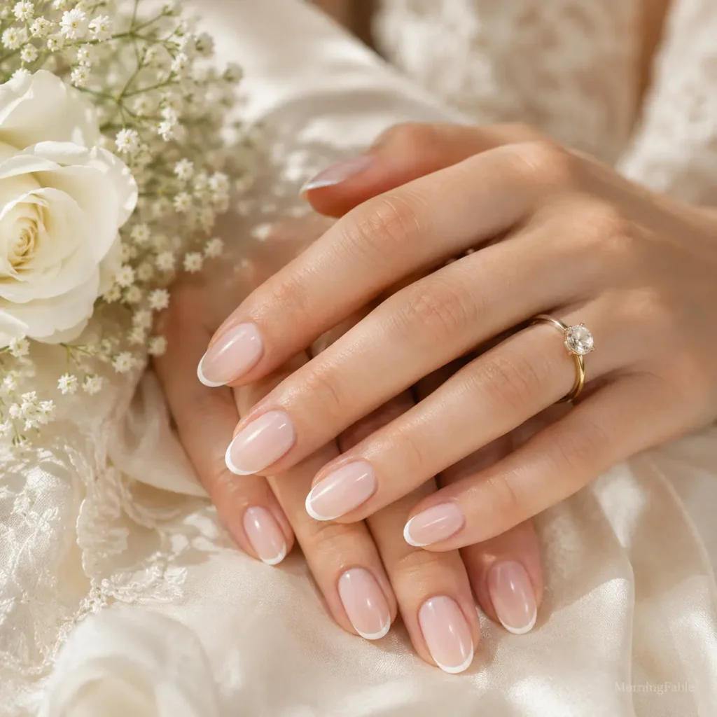 Minimalist wedding nails with delicate white micro-French tips and a sheer nude base