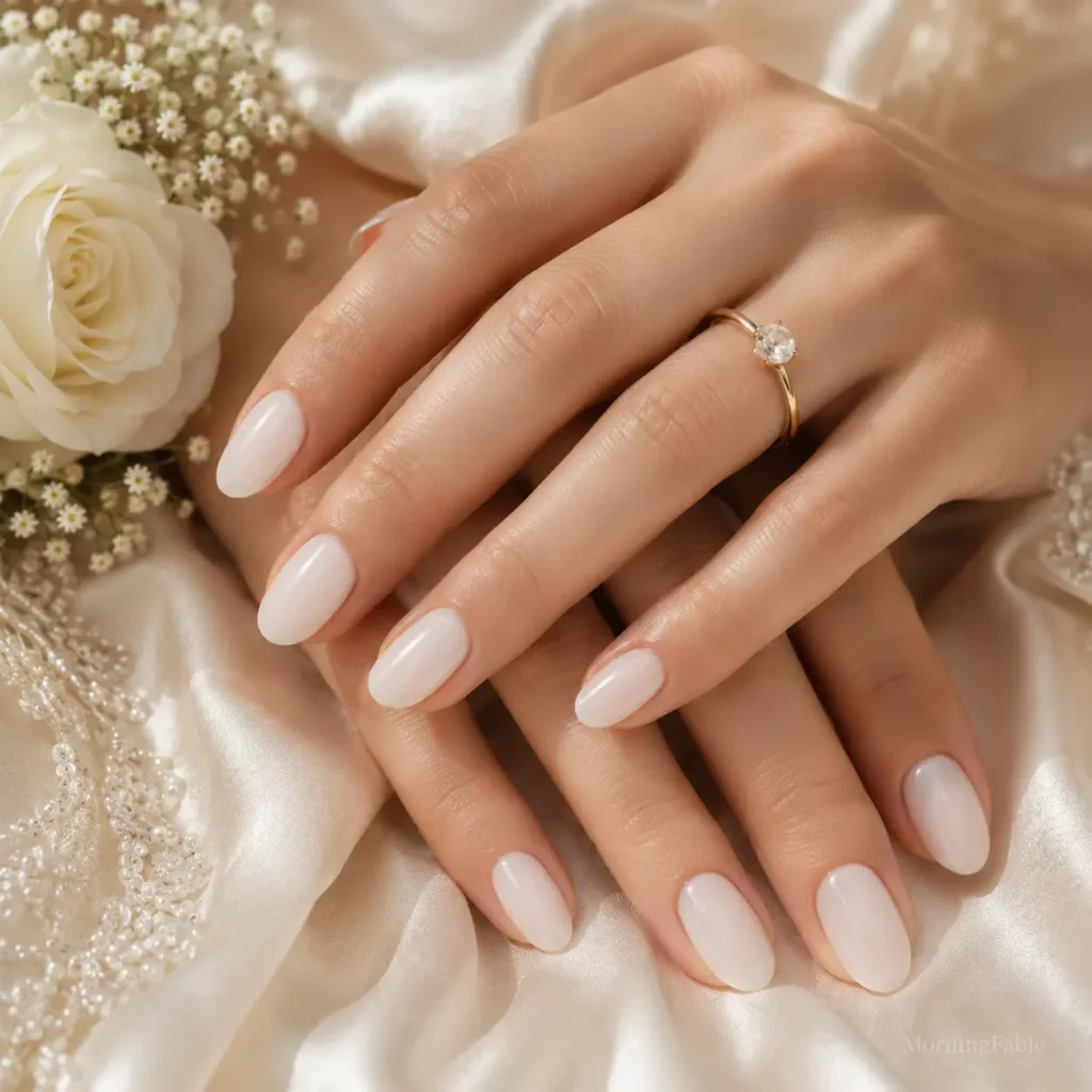 Soft milky ivory wedding nails with a glossy finish for a minimalist bridal look