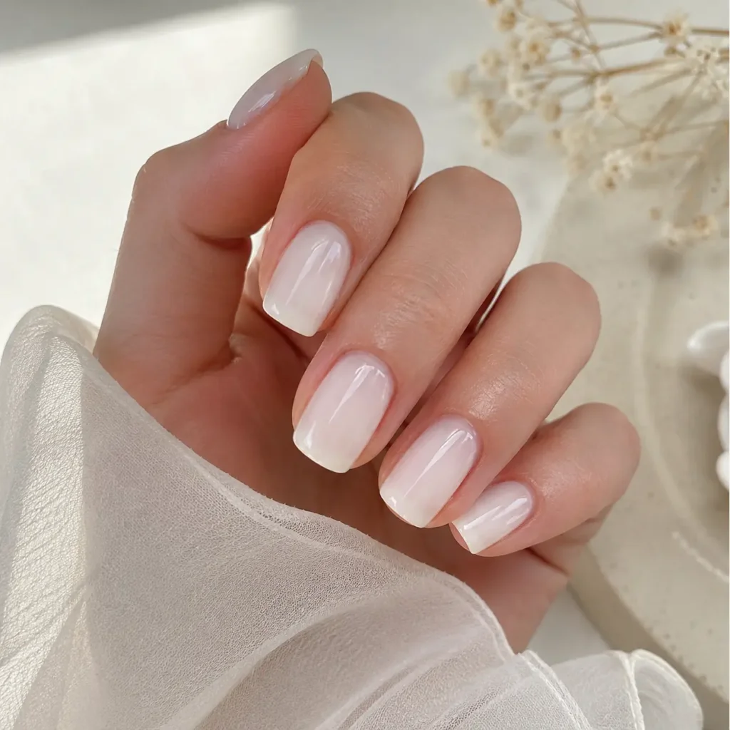 Milky white nail ideas with a glossy translucent finish on short squoval nails for a clean, natural everyday manicure.