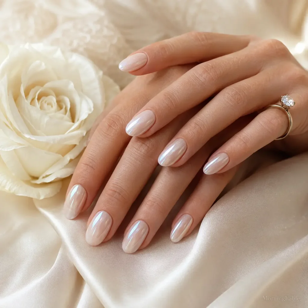 Soft pearl-glazed wedding nails with a luminous ivory and blush-pink finish