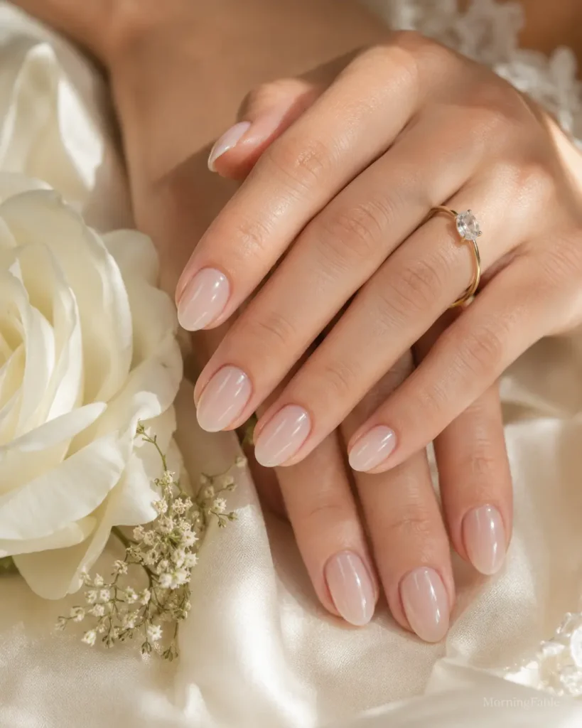 Sheer soap nails with a glossy translucent milky pink finish — a minimalist wedding nails idea for the bridal look