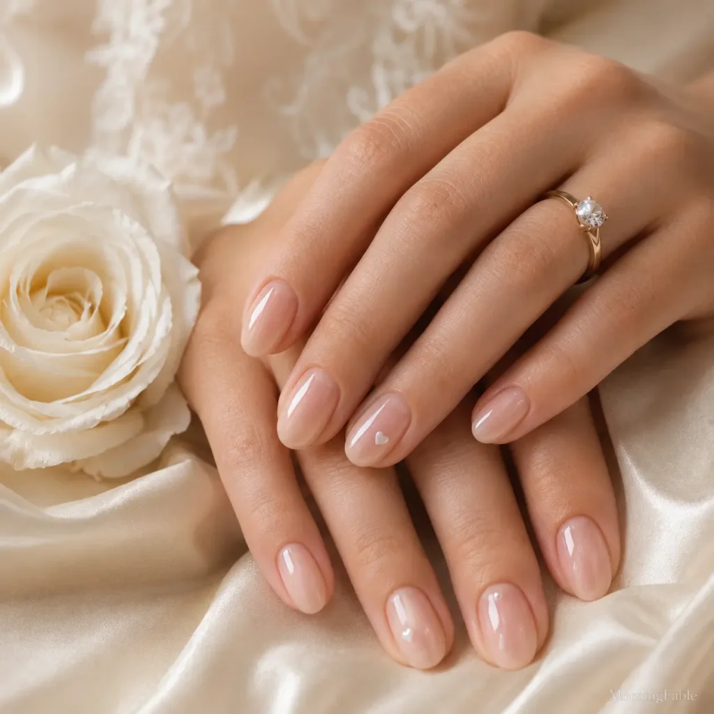 Sheer blush-pink wedding nails with one subtle minimalist bridal accent