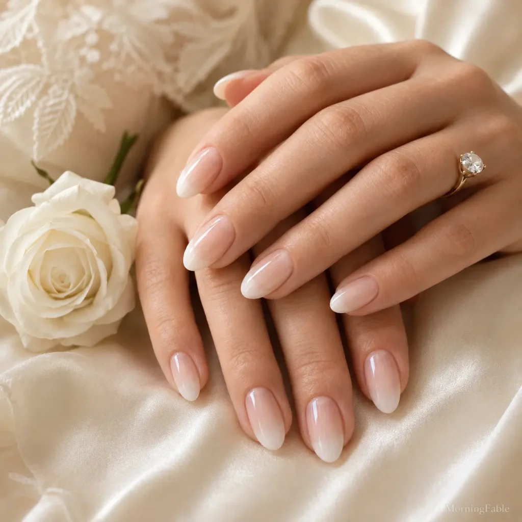 Soft white ombré wedding nails with a seamless blush-pink to milky-white baby-boomer finish