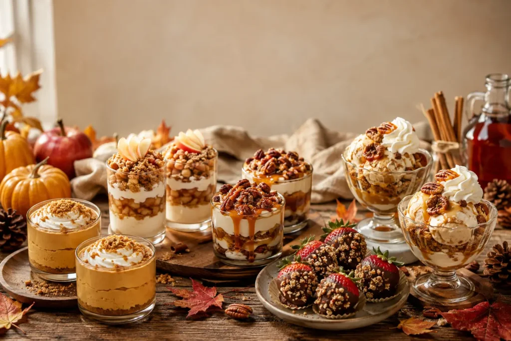 A festive Thanksgiving dessert spread featuring pumpkin mousse cups, apple crumble parfaits, pecan pie dessert cups, chocolate-dipped strawberries, and maple pumpkin-spice ice cream sundaes.