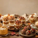 A festive Thanksgiving dessert spread featuring pumpkin mousse cups, apple crumble parfaits, pecan pie dessert cups, chocolate-dipped strawberries, and maple pumpkin-spice ice cream sundaes.