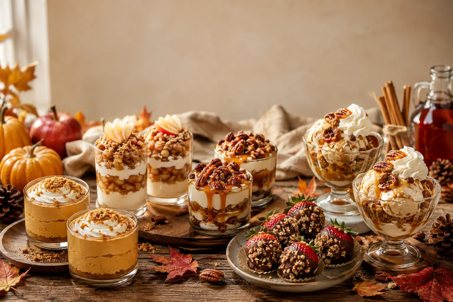 A festive Thanksgiving dessert spread featuring pumpkin mousse cups, apple crumble parfaits, pecan pie dessert cups, chocolate-dipped strawberries, and maple pumpkin-spice ice cream sundaes.