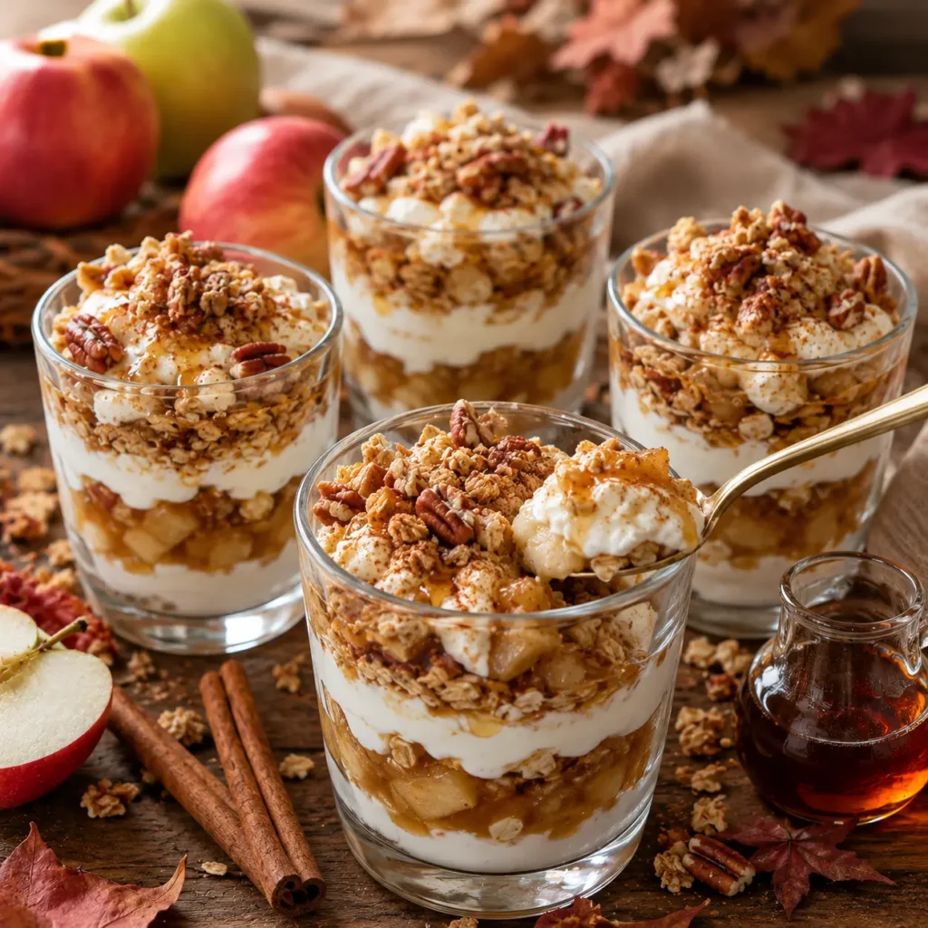 Layered apple crumble yogurt parfaits with vanilla Greek yogurt, cinnamon apples, crunchy granola, pecans, and maple syrup in clear dessert glasses.