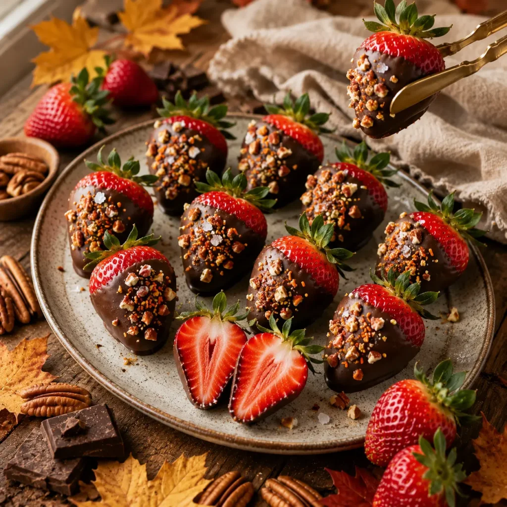 Fresh strawberries dipped in dark chocolate and topped with chopped pecans, fall sprinkles, and flaky sea salt on a rustic serving platter.