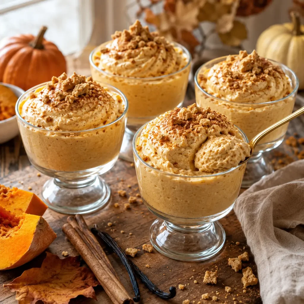 Easy no-bake desserts like these creamy, fluffy pumpkin mousse cups are topped with graham cracker crumbs and cinnamon in individual glass dessert cups.