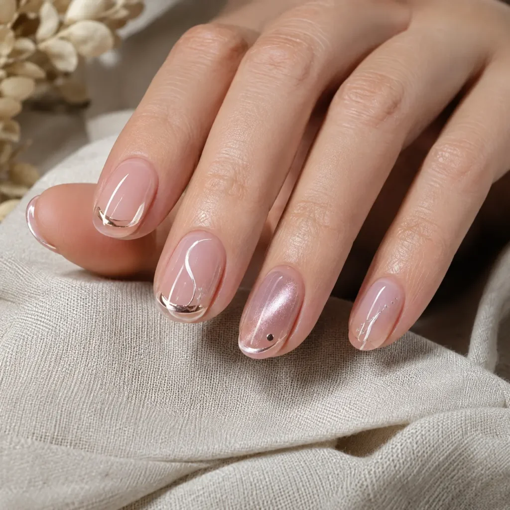 Intricate gel nail art with French and chrome details