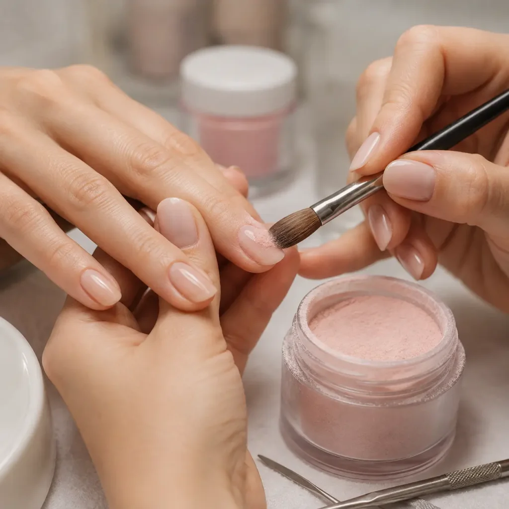 Dip powder manicure application on natural nails