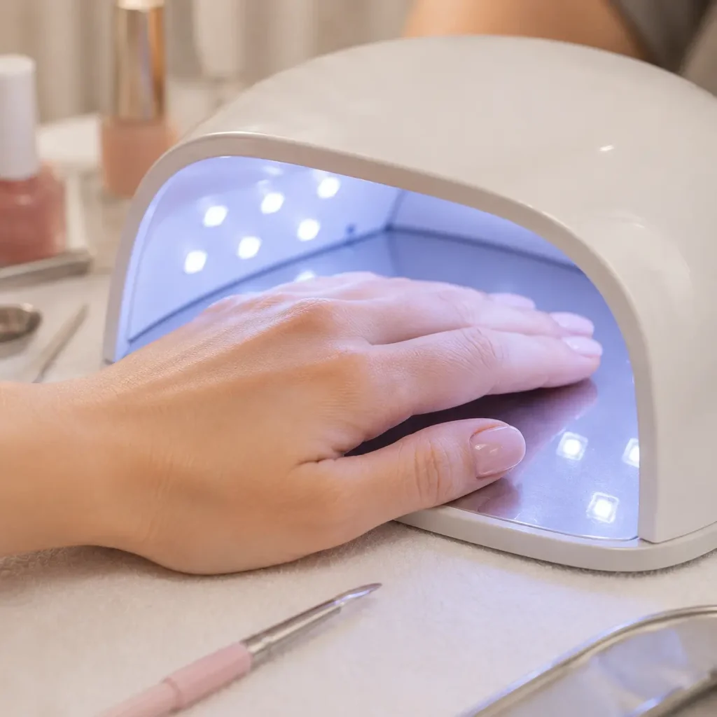Dip powder manicure application on natural nails