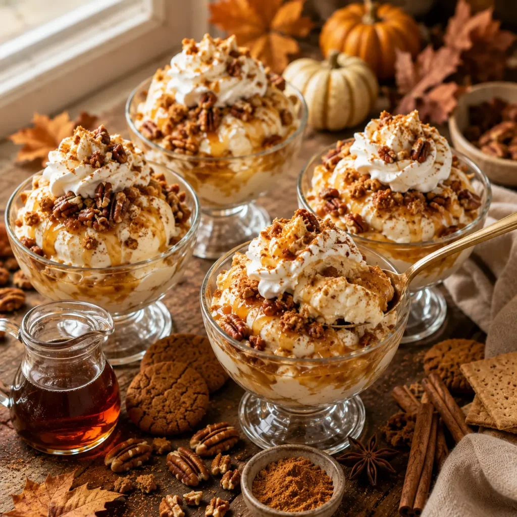 Vanilla ice cream sundaes topped with maple syrup, pumpkin pie spice, crushed gingersnap cookies, toasted pecans, and whipped cream in glass dessert bowls.